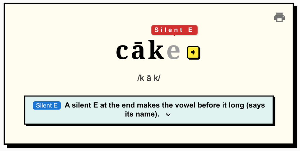 WordChop rendering the word Cake with Silent E highlighted