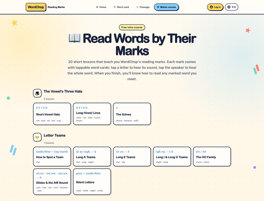 WordChop Reading course home with six learning modules