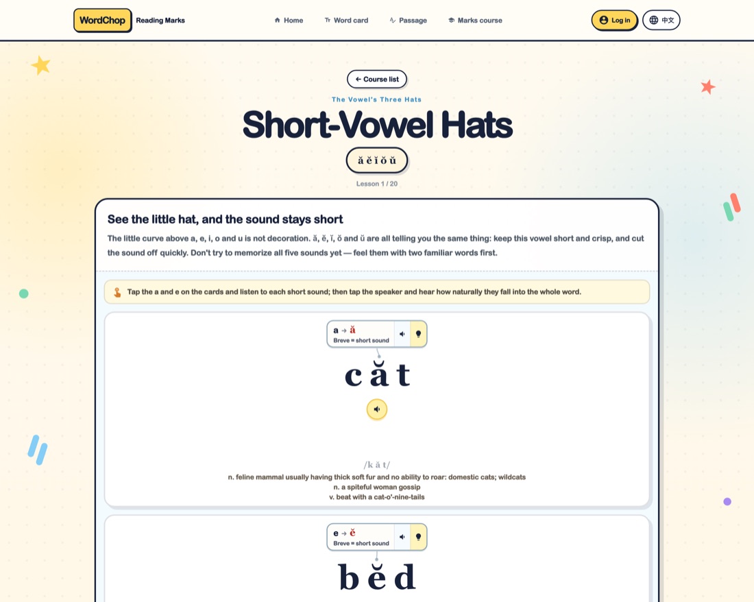 WordChop Reading lesson with tappable word cards