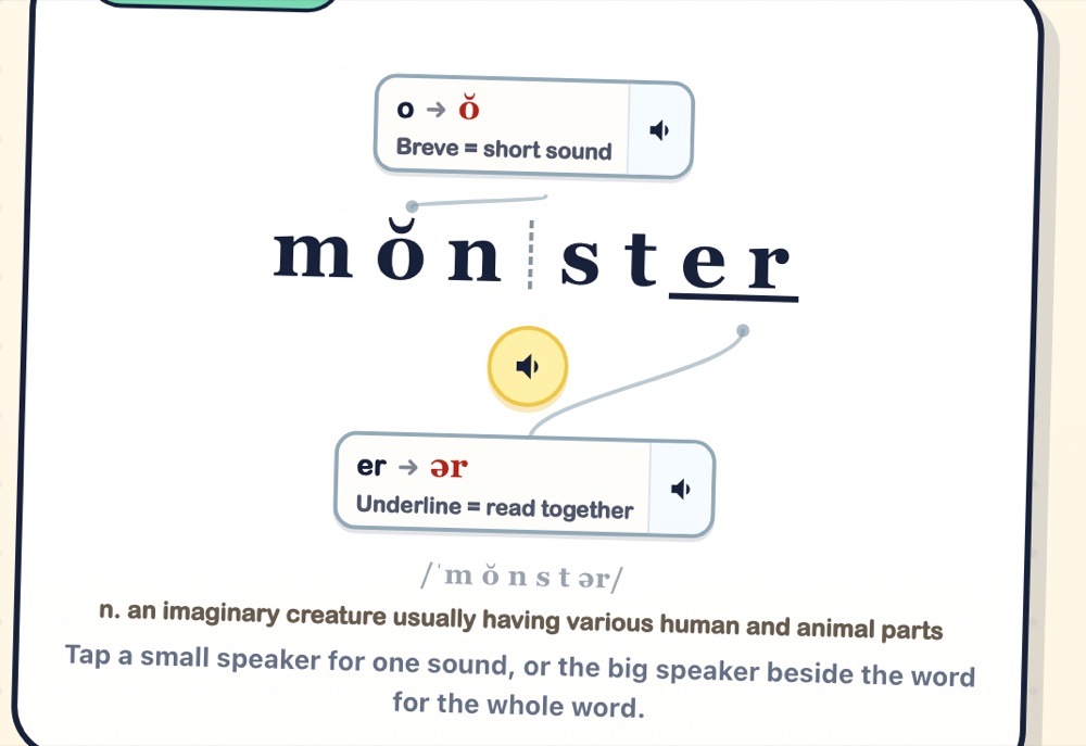 WordChop Reading word card for monster with pronunciation marks