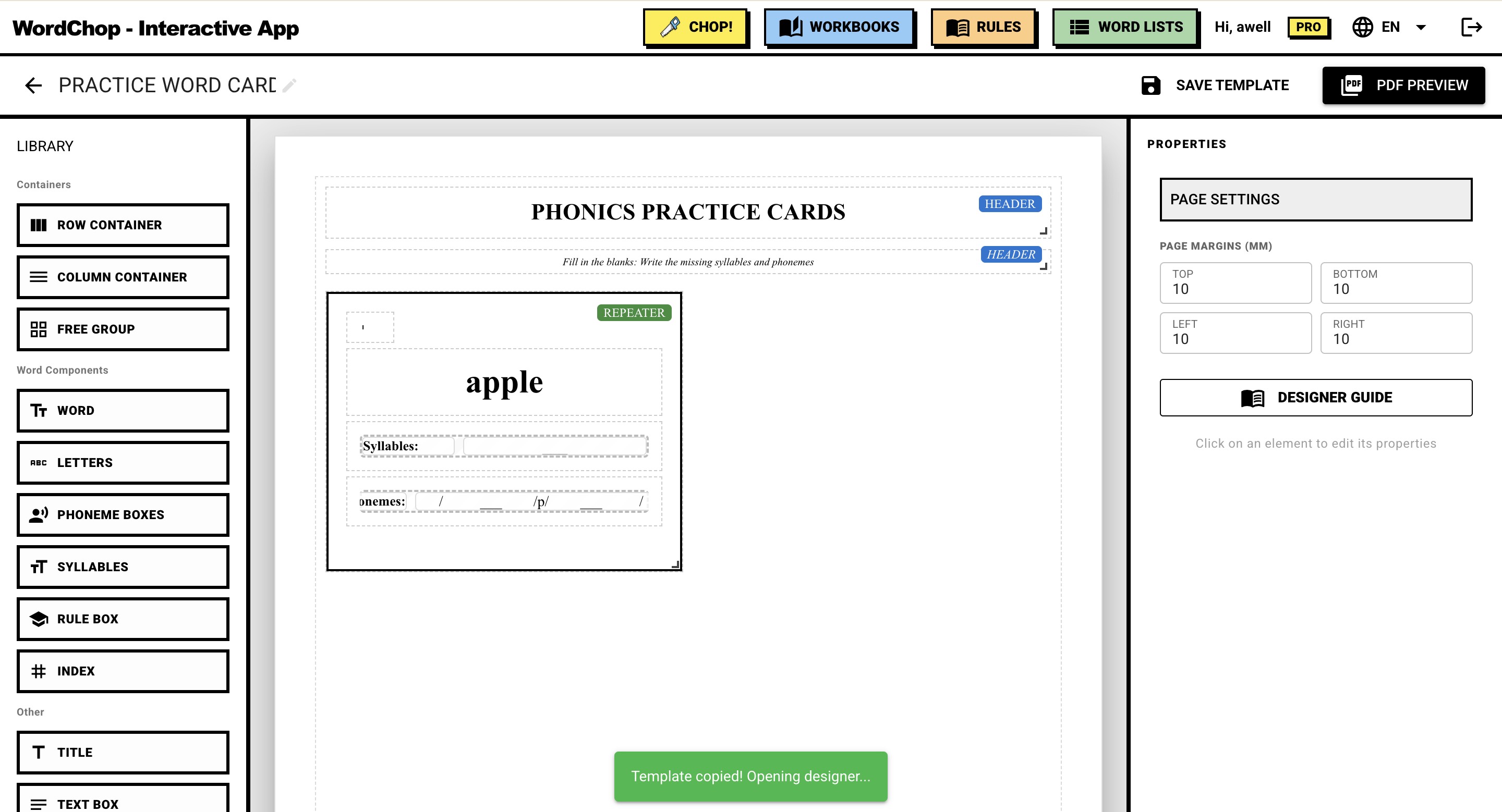 WordChop Template Designer - Drag-and-drop interface with component library, grid layout editor, and properties panel for creating custom phonics worksheets