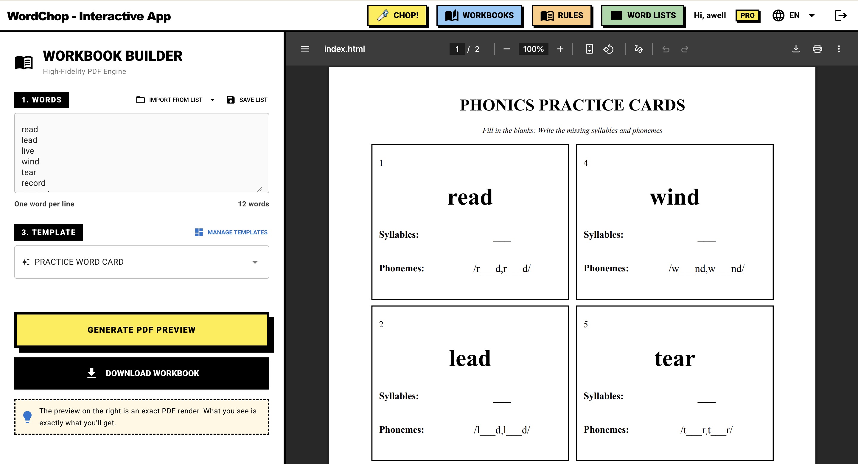 WordChop Workbook Builder - Import word lists, select templates, and generate phonics worksheets with automatic syllable breaks and rule marking